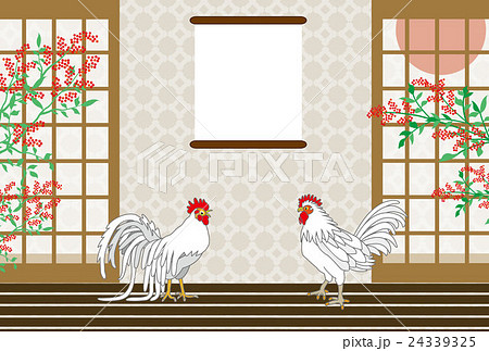 酉年の干支の鶏と掛け軸のある床の間の横型イラスト年賀状テンプレートepsベクター素材のイラスト素材