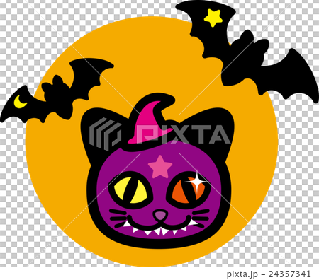 ハロウィン 猫 むらさき 牙 おばけ オレンジ丸 こうもりのイラスト素材