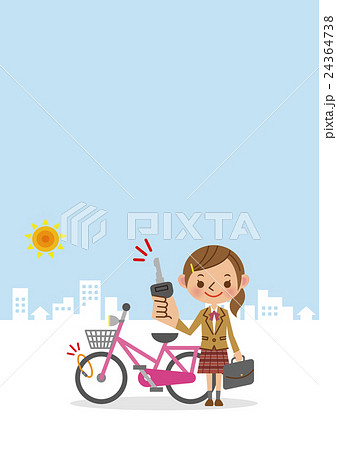 自転車にカギをかける女子生徒 背景あり のイラスト素材