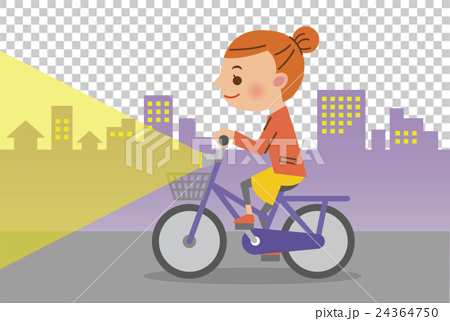 夜間ライトを点灯し自転車を運転する女性 背景あり のイラスト素材