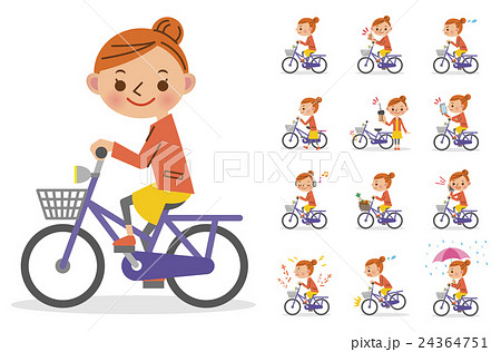 自転車に乗る女性 ポーズ 表情セット のイラスト素材