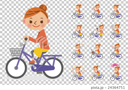 自転車に乗る女性 ポーズ 表情セット のイラスト素材