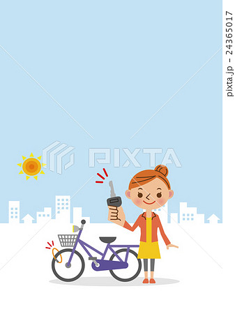 自転車に鍵をかける女性 背景あり のイラスト素材
