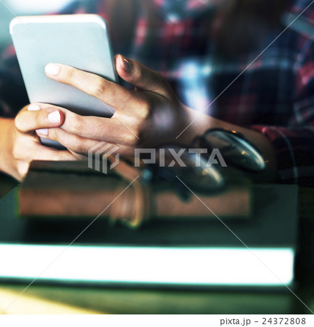 Girl Checkered Shirt Mobile Phone Cafe Concept 24372808