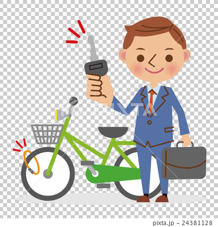 自転車に鍵をかけるビジネスマンのイラスト素材