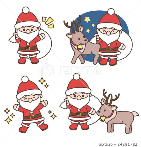 デフォルメサンタクロースとトナカイのカット セット素材 クリスマス 白背景 背景透過 ベクターのイラスト素材