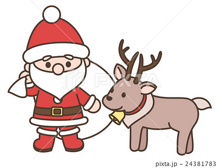 デフォルメサンタクロースとトナカイのイラスト クリスマス素材 白背景 背景透過 ベクターのイラスト素材