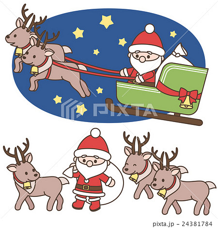 デフォルメサンタクロースとトナカイのセット クリスマス素材 白背景 背景透過 ベクターのイラスト素材