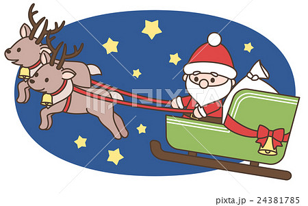 デフォルメサンタクロースとトナカイ ソリに乗る クリスマス素材 白背景 背景透過 ベクターのイラスト素材