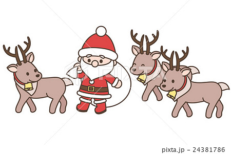 デフォルメサンタクロースとトナカイ 歩くイラスト クリスマス素材 白背景 背景透過 ベクターのイラスト素材