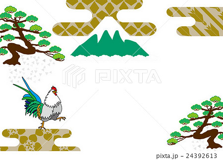 トリと富士山と松の木のイラストの酉年の年賀状テンプレートeps