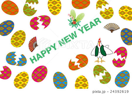 ニワトリと卵と扇子のポップなイラストの酉年の年賀状テンプレートeps