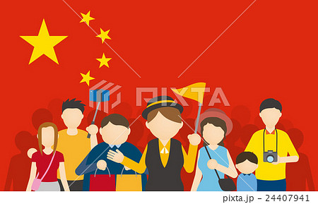 中国人観光客とツアーガイドのイラスト素材