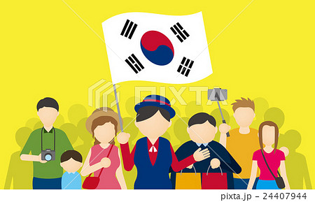韓国人観光客とツアーガイドのイラスト素材