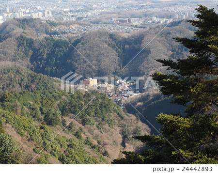 東京都八王子市の高尾山から見える山の谷間に密集する集落と森林 24442893