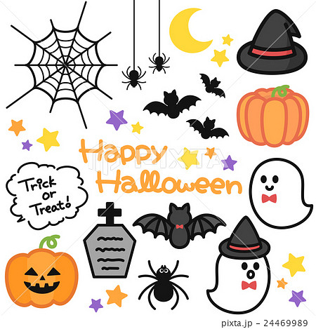 ポップでかわいいハロウィンイラスト ロゴのセット素材 背景透過 白