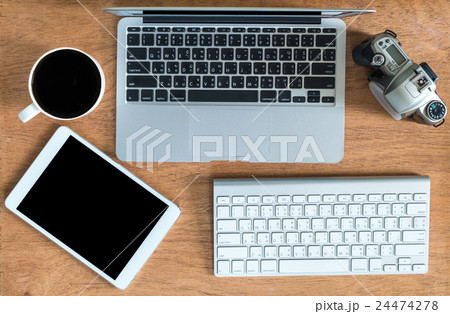 Top view office mockup, technology equipment mockup, flat lay 24474278