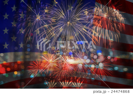 Multicolor Fireworks Celebrate over the United state of America USA flag background, Independence day concept 24474868