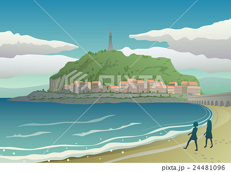 海辺の風景 入江 島 少女 波打ち際のイラスト素材