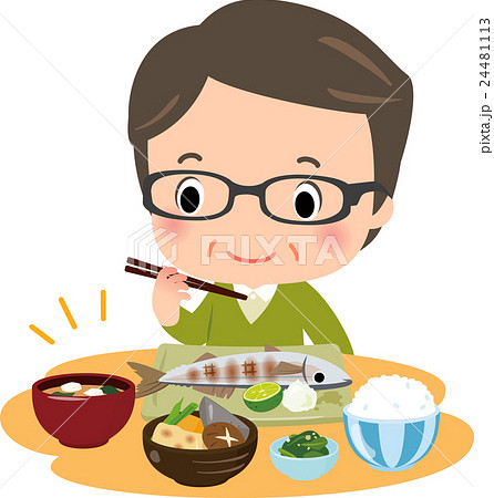和風の家庭料理を食べる中年男性のイラスト素材