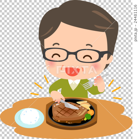 ステーキを食べる中年男性のイラスト素材