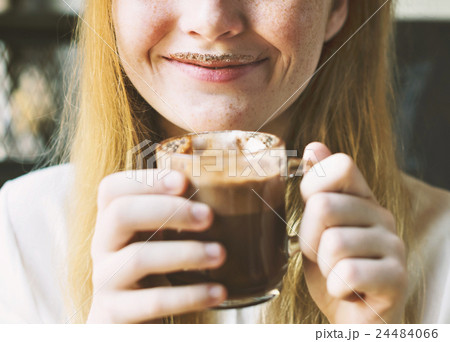 Youth Woman Drinks Hot Chocolate Tasty Concept Youth Woman Drinks Hot Chocolate Tasty Concept 24484066