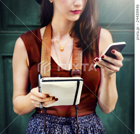 Woman Communicate Phone Outside City Concept Woman Communicate Phone Outside City Concept 24489946