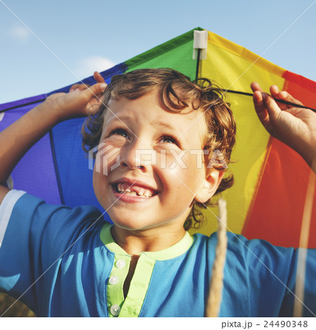 Children Boy Playing Kite Enjoyment Concept Children Boy Playing Kite Enjoyment Concept 24490348