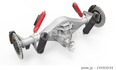 Rear axle assembly with suspension and brakes. Red Rear axle assembly with suspension and brakes. Red 24493039