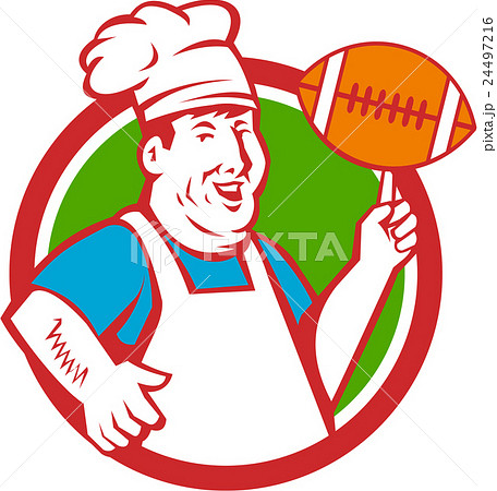 Fat Chef Cook Twirling Football Circle Retro 24497216