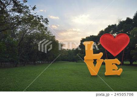 Love word with heart shape ballon on green grass 24505706