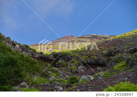 富士山富士宮口登山道を歩く人達と富士山頂 富士山富士宮口登山道を歩く人達と富士山頂 24508997