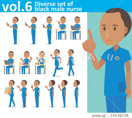 青いスクラブを着た黒人男性の看護師vol 6 様々な表情やポーズのイラストをセット のイラスト素材