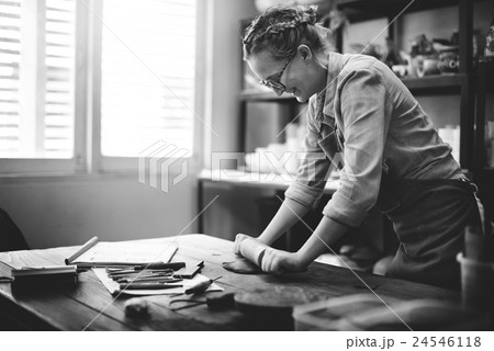 Woman Rolling Clay Craftsman Skill Concept Woman Rolling Clay Craftsman Skill Concept 24546118