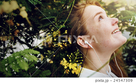 Casual Cheerful Girl Alone Outdoor Recreation Concept Casual Cheerful Girl Alone Outdoor Recreation Concept 24547309