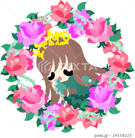 バラのリースと眠り姫のイラストのイラスト素材
