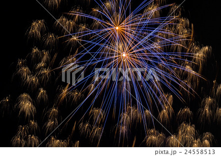 打ち上げ花火の光跡 柳と青い光跡の写真素材