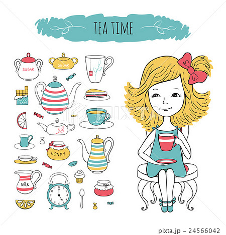 Tea collection and girl on chair. 24566042