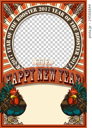 2017年賀状「ニワトリポスターフォトフレーム」　賀詞・添え書きスペース空き　ハガキ縦向き 24568844