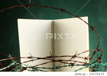 blank textbook behind barwire 24578235
