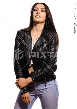 beautiful young brunette woman in leather jacket beautiful young brunette woman in leather jacket 24588785