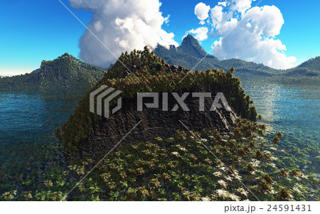 Volcanic eruption on island 3d rendering Volcanic eruption on island 3d rendering 24591431