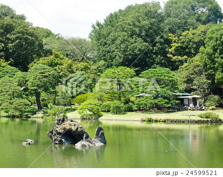 大泉水に浮かぶ洞窟石組みの蓬莱島と中之島、妹山、背山 大泉水に浮かぶ洞窟石組みの蓬莱島と中之島、妹山、背山 24599521