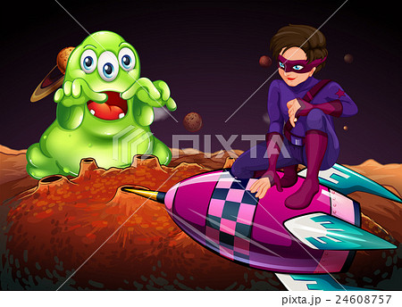 Superhero fighting alien on red planet 24608757