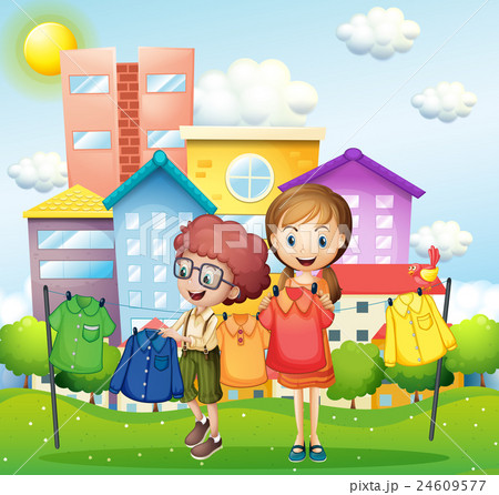 Sister and brother doing laundry Sister and brother doing laundry 24609577