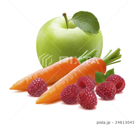 Green apple raspberry carrot 2 isolated on white Green apple raspberry carrot 2 isolated on white 24613045
