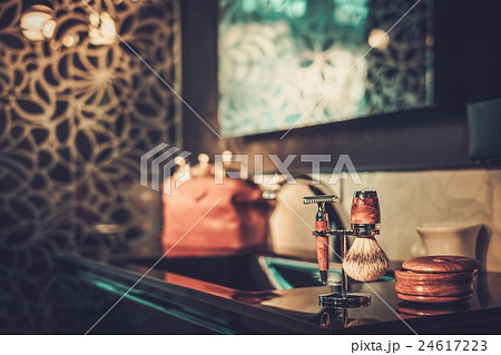 Shaving accessories in a luxury bathroom interior. 24617223