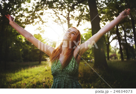 Woman Cheerful Happiness Freedom Carefree Nature Park Concept Woman Cheerful Happiness Freedom Carefree Nature Park Concept 24634073