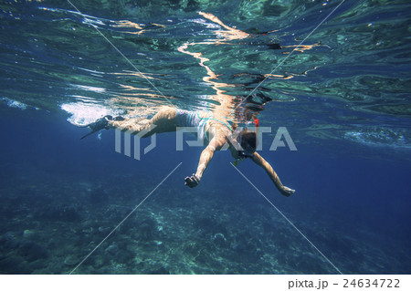 Young Women Snorkeling in the Tropical Water Young Women Snorkeling in the Tropical Water 24634722