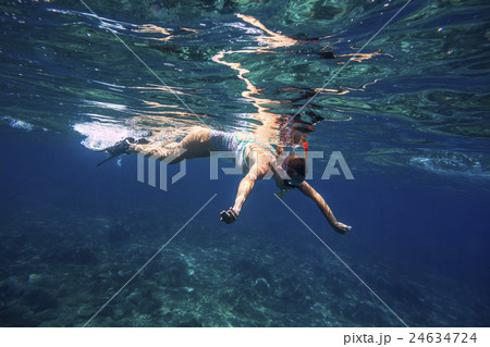 Young Women Snorkeling in the Tropical Water Young Women Snorkeling in the Tropical Water 24634724